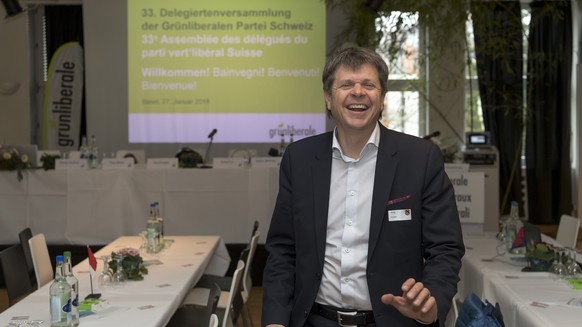 Juerg Grossen, der Praesident der Gruenliberalen Partei der Schweiz, lacht an der Delegiertenversammlung in Basel, am Samstag, 27. Januar 2018. (KEYSTONE/Georgios Kefalas)