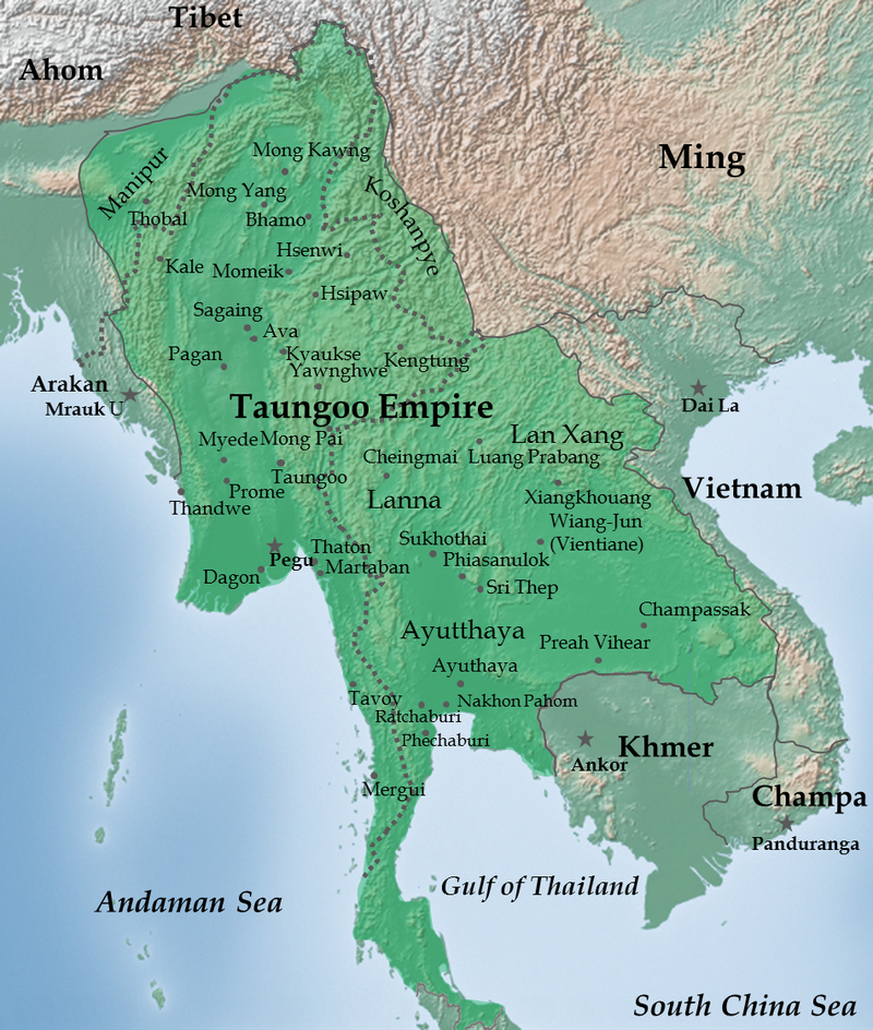 Burma: Toungoo Empire under Bayinnaung in 1580 CE.
By Soewinhan - Own work. Background map is taken from www.naturalearthdata.com (public domain: Terms of Use)., CC BY-SA 3.0, https://commons.wikimedi ...