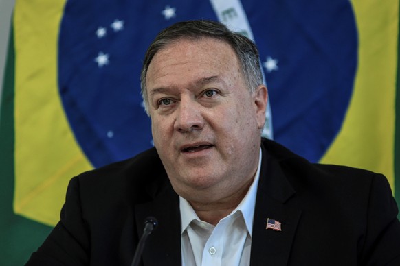 epa08679898 US Secretary of State Mike Pompeo speaks while attending a press conference with Brazilian Foreign Minister Ernesto Araujo (not pictured), in Pacaraima, Brazil, 18 September 2020. During h ...