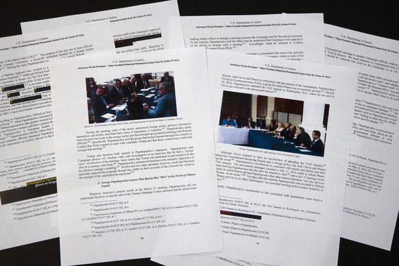 Special counsel Robert Mueller&#039;s redacted report on the investigation into Russian interference in the 2016 presidential election is photographed Thursday, April 18, 2019, in Washington. The phot ...