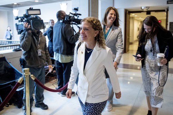 Rep. Debbie Wasserman Schultz, D-Fla., steps out of a closed door meeting where former U.S. Ambassador William Taylor testifies as part of the House impeachment inquiry into President Donald Trump, on ...