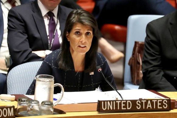 epa06198867 Nikki Haley, United States Ambassador to the United Nations addresses the The United Nations Security Council after a vote on sanctions resolution against North Korea at United Nations hea ...