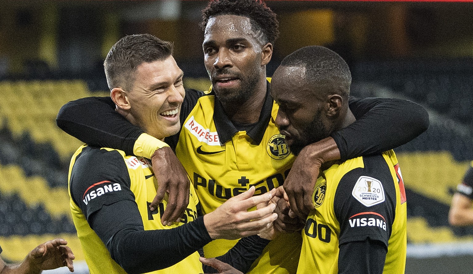 Young Boys&#039; Christian Fassnacht, Ulisses Garcia and Nicolas Moumi Ngamaleu, from left, celebrate the scores to 1-0 during a UEFA Europa League play off soccer match between Switzerland&#039;s BSC ...