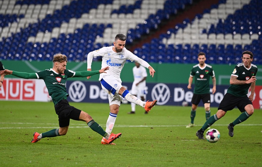 epa08795726 Vedad Ibisevic of Schalke scores his team&#039;s first goal during the German DFB Cup first round soccer match between 1. FC Schweinfurt 05 and FC Schalke 04 at Veltins Arena in Gelsenkirc ...