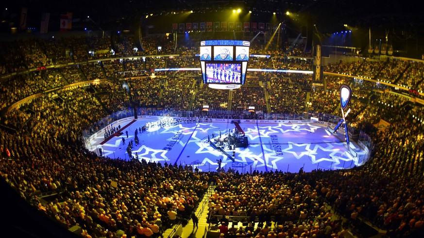 Jan 31, 2016; Nashville, TN, USA; General view of Bridgestone Arena during player introductions before the 2016 NHL All Star Game at Bridgestone Arena. Mandatory Credit: Christopher Hanewinckel-USA TO ...
