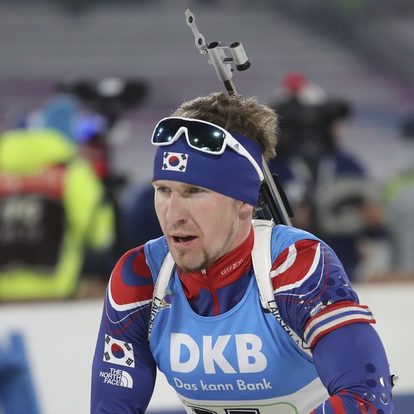In this Sunday, March 5, 2017 photo, Naturalized biathlete Timofei Lapshin competes during the men&#039;s 4x7.5 km relay competition for the Biathlon World Cup at the Alpensia Biathlon Centre in Pyeon ...