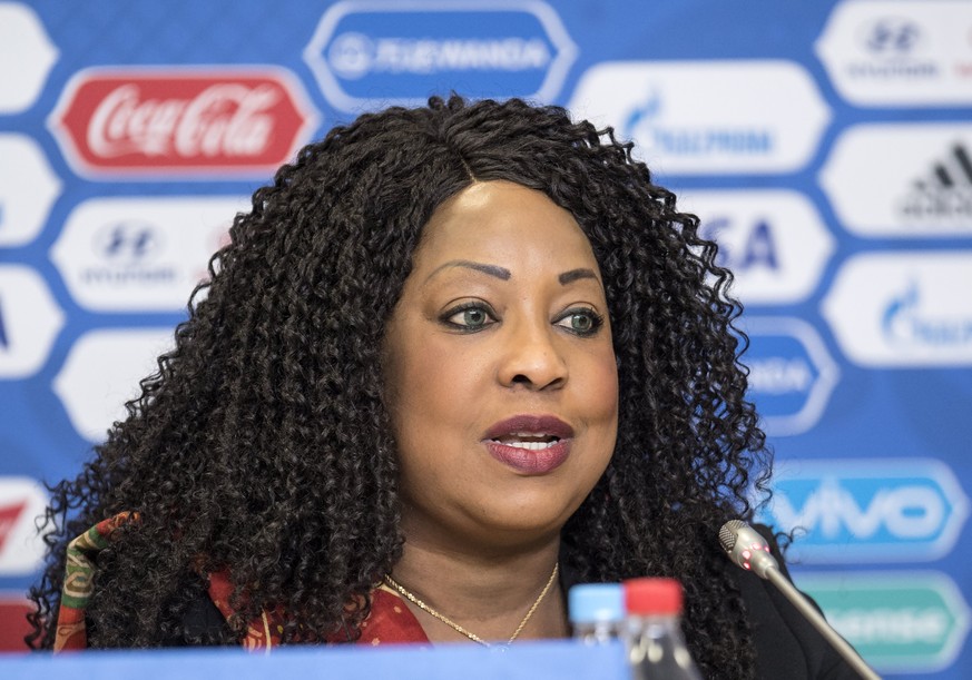 epa06030930 Fatma Samoura, FIFA General Secretary speaks to media during the opening press conference of the FIFA Confederations Cup 2017 in the Saint Petersburg stadium, St. Petersburg, Russia, 16 Ju ...