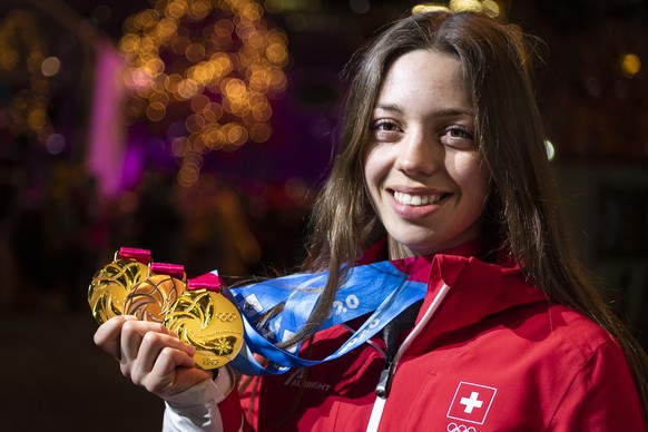 Multiple medalists Amelie Klopfenstein from Switzerland, poses after the medal ceremony of the Lausanne 2020 Winter Youth Olympic Games, in Lausanne, Switzerland, Wednesday, January 15, 2020. The 3rd  ...