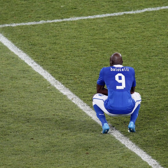 Italy&#039;s Mario Balotelli reacts at the end of the Euro 2012 soccer championship final between Spain and Italy in Kiev, Ukraine, Sunday, July 1, 2012. Italy lost the match 0-4. (AP Photo/Vadim Ghir ...