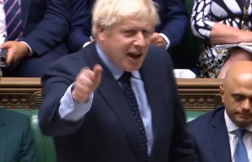 epa07816399 A grab from a handout video made available by the UK Parliamentary Recording Unit shows British Prime Minister Boris Johnson in the House of Commons in London, Britain, 04 September 2019.  ...