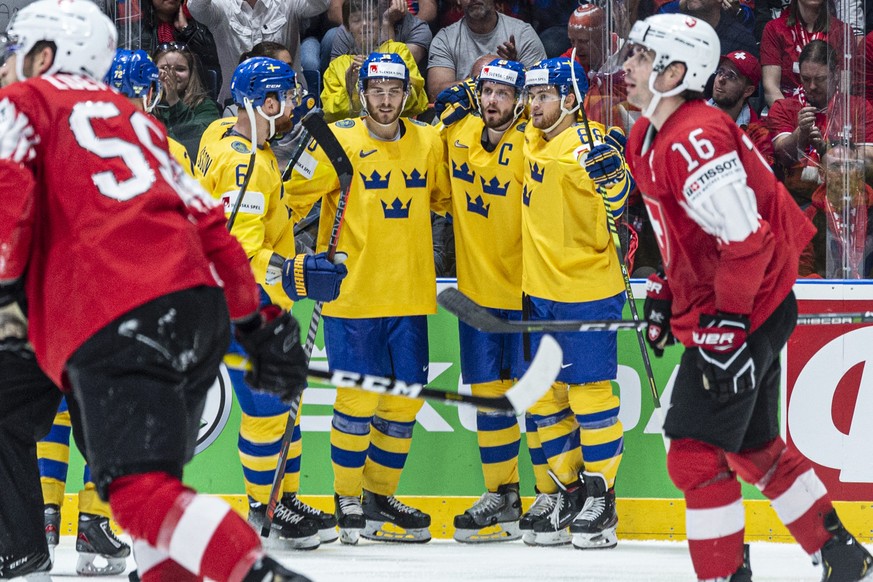 Sweden`s William Nylander and the team celebrater after scoring 2:1 during the game between Sweden and Switzerland, at the IIHF 2019 World Ice Hockey Championships, at the Ondrej Nepela Arena in Brati ...