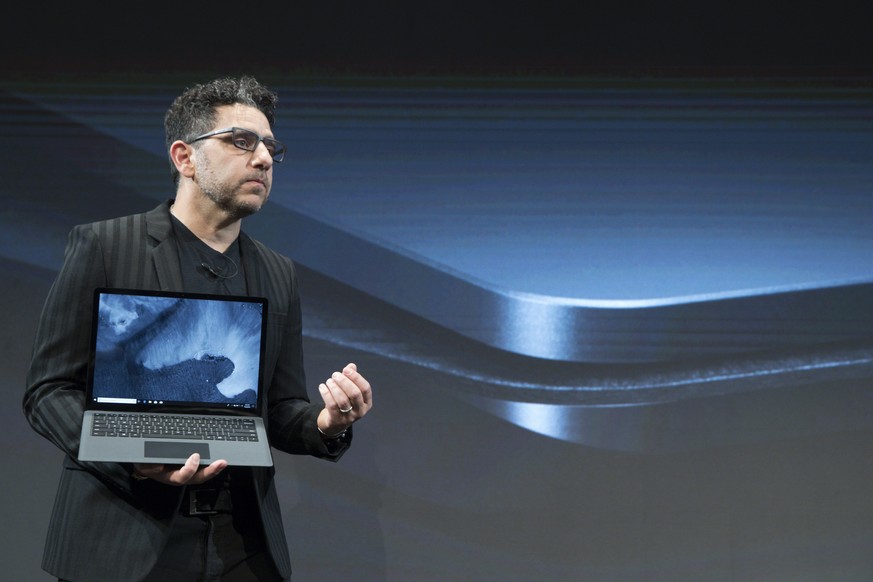 Microsoft Chief Product Officer Panos Panay introduces the Surface Laptop 2 during a news conference, Tuesday, Oct. 2, 2018, in New York. (AP Photo/Mary Altaffer)