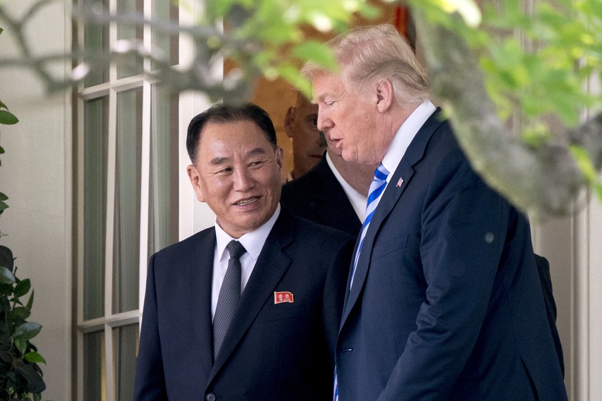 FILE - In this June 1, 2018, file photo, U.S. President Donald Trump talks with Kim Yong Chol, former North Korean military intelligence chief and one of leader Kim Jong Un&#039;s closest aides, as th ...