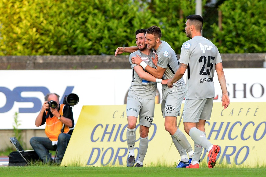 Aarau&#039;s player Petar Misic left celebrate the 0 - 1 goal, during the Challenge League soccer match FC Chiasso against FC St. Aarau, at the Riva IV stadium in Chiasso, Thursday May 23, 2019. (KEYS ...