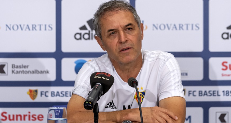Basel&#039;s head coach Marcel Koller speaks during a press conference the day before the UEFA Champions League third qualifying round first leg match between Switzerland&#039;s FC Basel 1893 and Aust ...