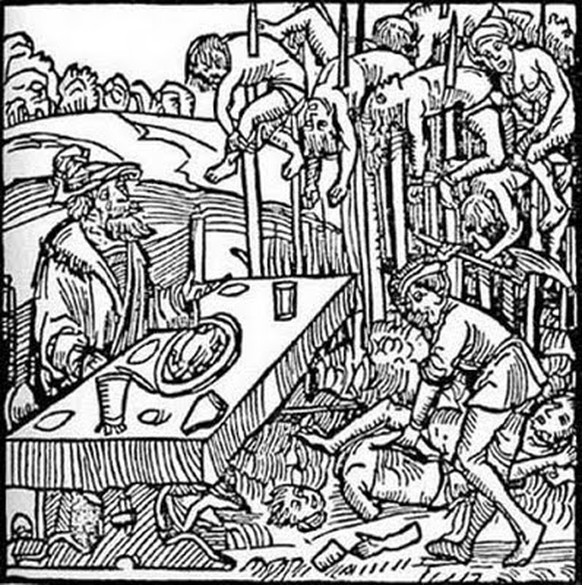 Vlad III. «der Pfähler» wohnt einer Massenhinrichtung bei und geniesst dabei sein Mittagsmahl. (Nürnberger Holzschnitt von 1499 von Markus Ayrer).