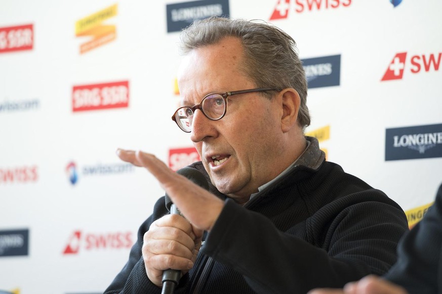 Urs Naepflin, OC President and Technical Race Director, speaks during a press conference to inform about the damages due the storm yesterday and last night and the next steps of the Alpine Skiing FIS  ...