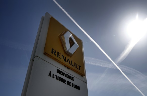 FILE - In this May 25, 2020 file photo, the logo of French carmaker Renault is pictured at the Flins plant of French carmaker Renault in Aubergenville, west of Paris. French carmaker Renault announced ...