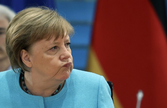 German Chancellor Angela Merkel attends the weekly cabinet meeting at the Chancellery in Berlin, Germany, Wednesday, June 10, 2020. (Fabrizio Bensch/Pool Photo via AP)