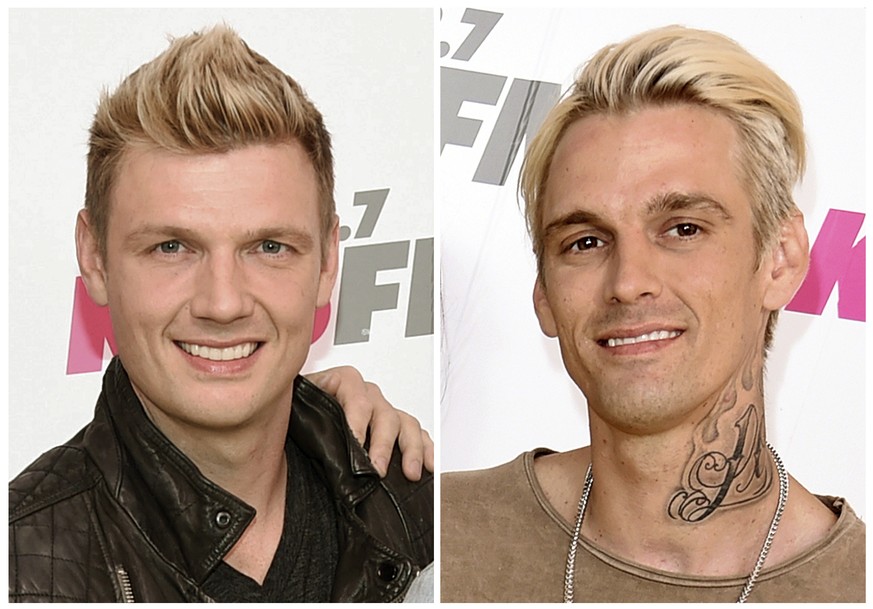 FILE - In this combination photo, Nick Carter, left, of the Backstreet Boys and his singer brother Aaron Carter appear at Wango Tango on May 13, 2017, in Carson, Calif. Robert Carter, the father of Ni ...