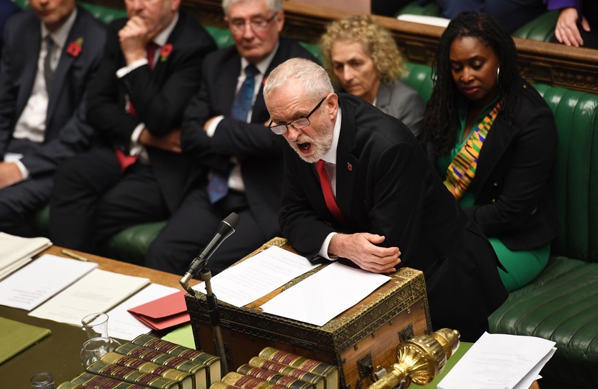 epa07957034 A handout photo made available by the UK Parliament shows Labour Leader of the Opposition, Jeremy Corbyn during an election debate in the House of Commons in London, Britain, 28 October 20 ...