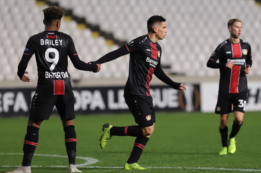 epa07229898 Leverkusen&#039;s player Paulinho cheers after scoring during the UEFA Europa League Group A soccer match between AEK Larnaca and Leverkusen at the GSP stadium in Nicosia, Cyprus, 13 Decem ...