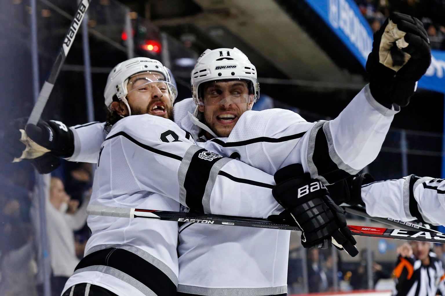 FILE - in this Dec. 16, 2017, file photo, Los Angeles Kings center Anze Kopitar (11) celebrates his goal with defenseman Drew Doughty during the third period of an NHL hockey game against the New York ...