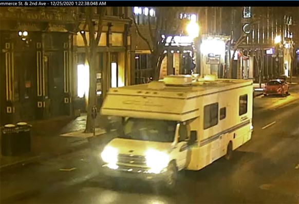 This image taken from surveillance video provided by Metro Nashville PD shows a recreational vehicle that was involved in a blast on Friday, Dec. 25, 2020 in Nashville, Tenn. An explosion shook the la ...