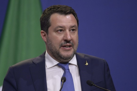 epa09110963 Leader of Italian right-wing ruling party Lega, Matteo Salvini speaks during a joint press conference held with Polish Prime Minister Mateusz Morawiecki and Hungarian Prime Minister Viktor ...
