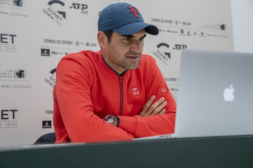 HANDOUT - Switzerland&#039;s Roger Federer talks to the media during a virtual press conference at the ATP 250 Tennis Geneva Open tournament, in Geneva, Switzerland, on Monday, 17 May 2021. (GENEVA OP ...