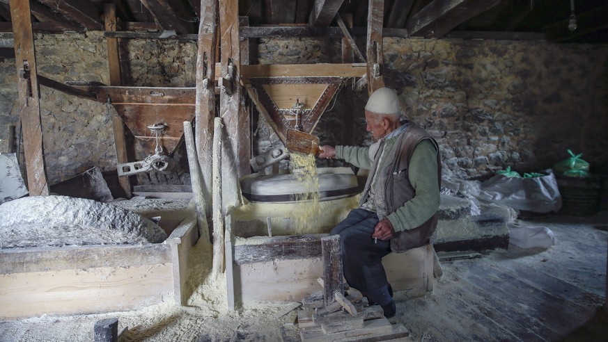 Selman Shatri, the Kosovo Albanian owner of the water mill, inspects the cornflour inside the mill in the village of Kushin, Kosovo, Friday, March 27, 2020. The centuries-old watermill in a remote Kos ...