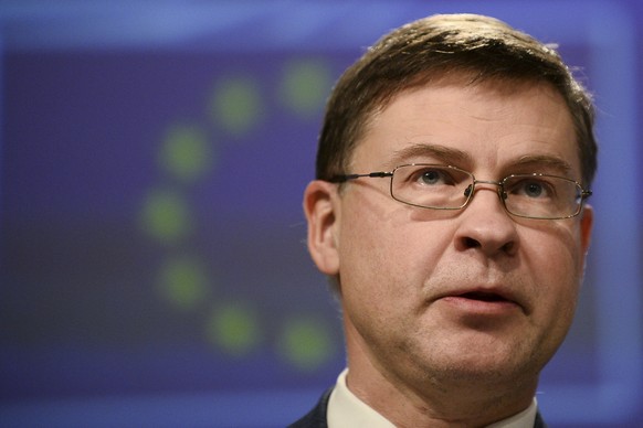 European Commissioner for An Economy that Works for the People Valdis Dombrovskis speaks during a joint online news conference with European Commissioner in charge of Health Stella Kyriakides at the E ...