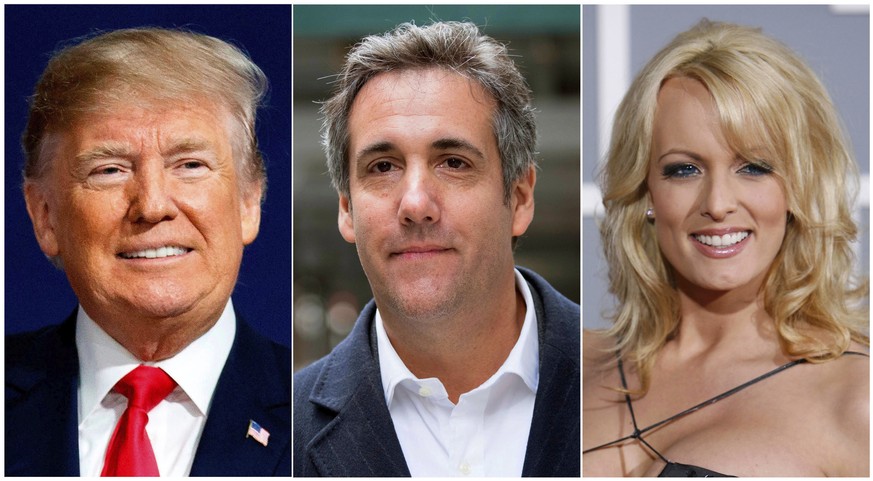This combination photo shows, from left, President Donald Trump, attorney Michael Cohen and adult film actress Stormy Daniels. Cohen has been ordered to appear in federal court in New York, Monday, Ap ...