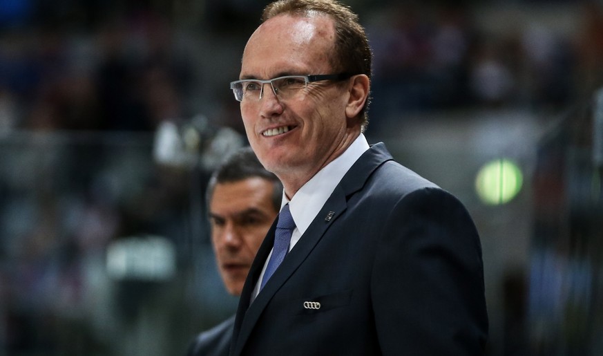 MANNHEIM, GERMANY - APRIL 10: Head coach Larry Huras of Ingolstadt smiles during the DEL Play-offs Final Game 1 between Adler Mannheim and ERC Ingolstadt at SAP Arena on April 10, 2015 in Mannheim, Ge ...