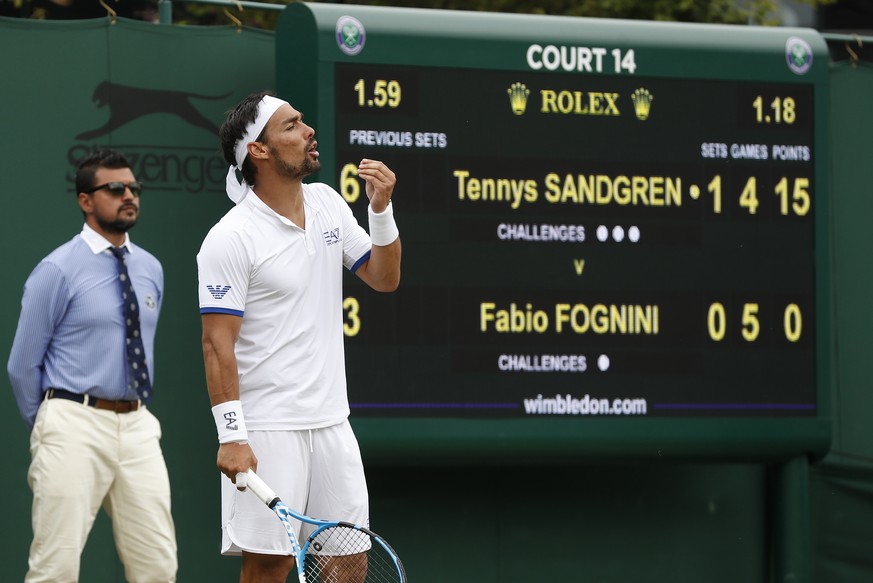 Italy&#039;s Fabio Fognini reacts as he plays United States&#039; Tennys Sandgren in a Men&#039;s singles match during day six of the Wimbledon Tennis Championships in London, Saturday, July 6, 2019.  ...