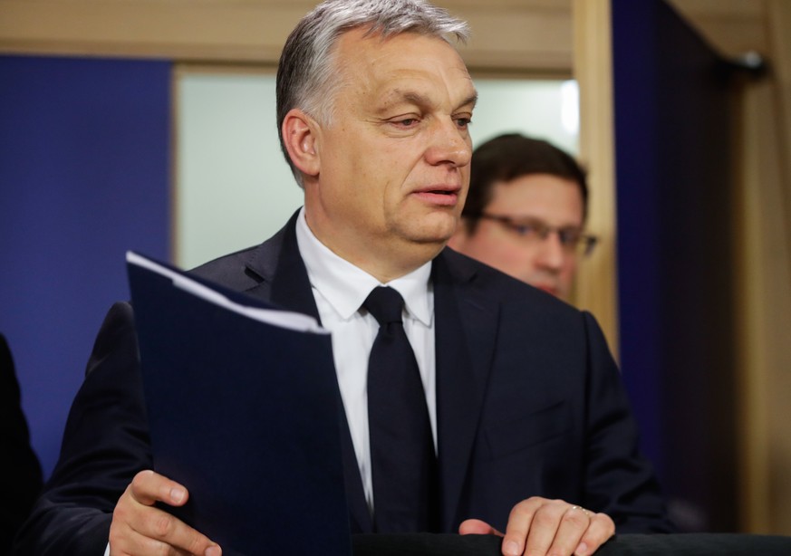 epa07451442 Hungarian Prime Minister Viktor Orban gives a press conference at the end of the European People&#039;s Party (EPP) Political Assembly at the European Parliament in Brussels, Belgium, 20 M ...