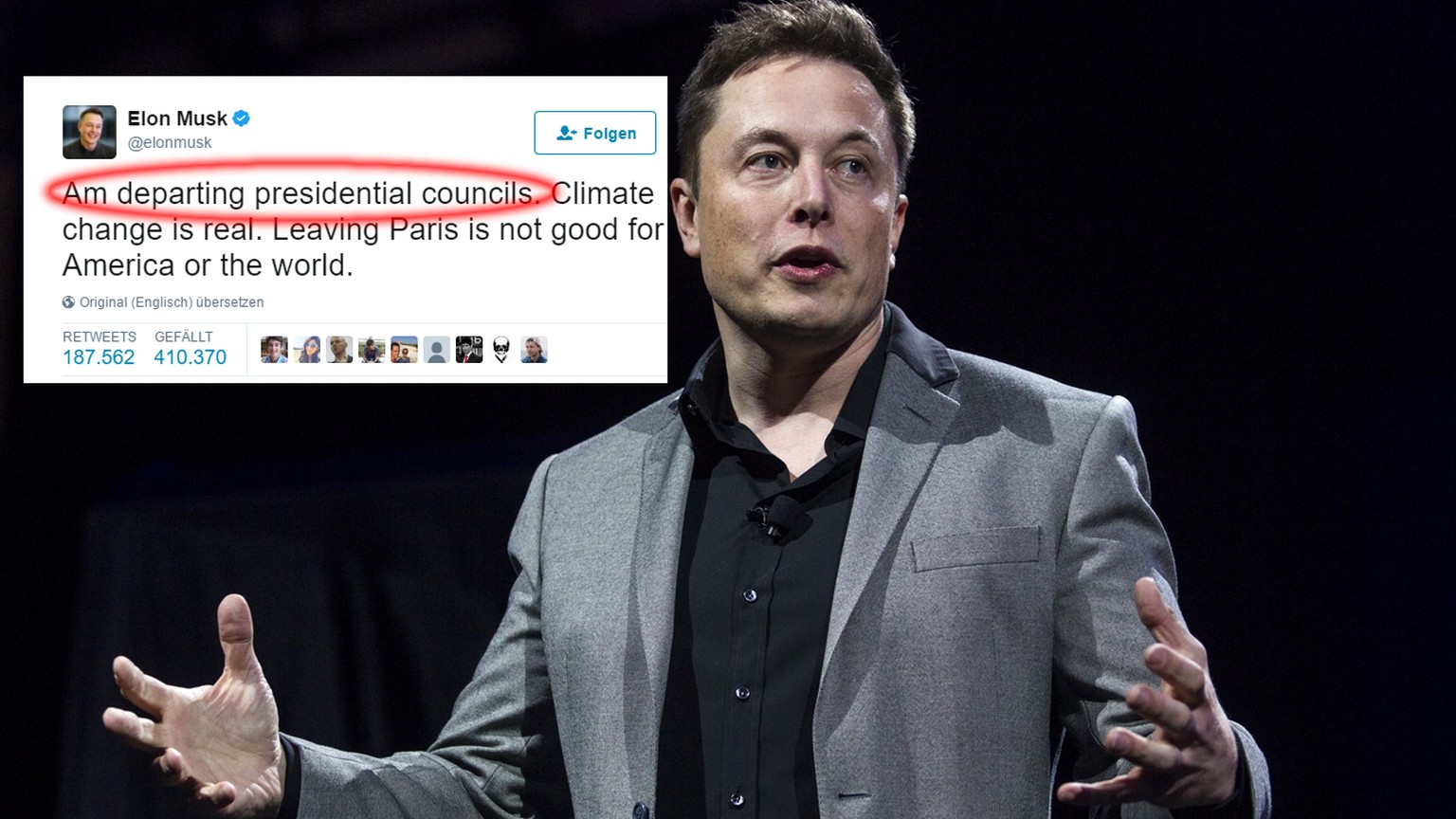Elon Musk: «Der Klimawandel ist real. Das Pariser Abkommen zu verlassen, ist weder gut für Amerika noch für die Welt».