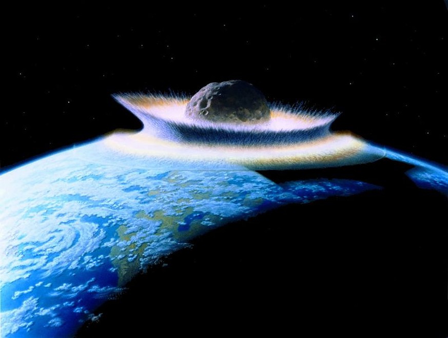 Künstlerische Darstellung des Einschlags eines 1000 km grossen Asteroiden auf der Erde im Präkambrium. (wikipedia)