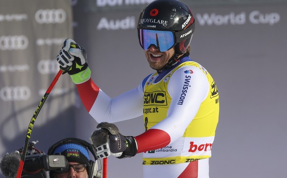 Switzerland&#039;s Mauro Caviezel smiles at the finish area of an alpine ski, men&#039;s World Cup downhill, in Bormio, northern Italy, Wednesday, Dec. 30, 2020. (AP Photo/Alessandro Trovati)