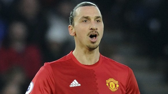 FILE - In this Sunday, Feb. 5, 2017 file photo, Manchester United&#039;s Zlatan Ibrahimovic gestures during their English Premier League soccer match against Leicester City at the King Power Stadium i ...