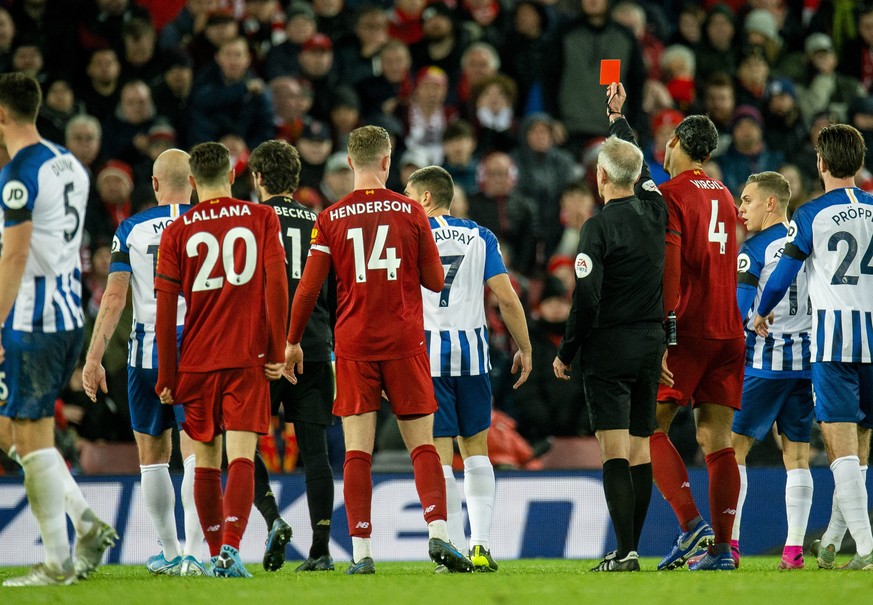 epa08035451 Liverpool&#039;s goalkeeper Alisson Becker receives a red card during the English Premier League soccer match between Liverpool and Brighton &amp; Hove Albion held at the Anfield in Liverp ...