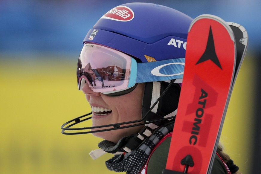 United States&#039; Mikaela Shiffrin celebrates winning an alpine ski, women&#039;s World Cup slalom in Killington, Vt., Sunday, Dec.1, 2019. (AP Photo/Charles Krupa)