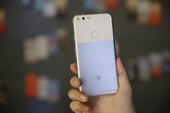 The new Google Pixel phone is displayed following a product event, Tuesday, Oct. 4, 2016, in San Francisco. Google launched an aggressive challenge to Apple and Samsung introducing its own new line of ...