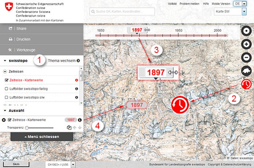 Die Funktion «Zeitreise» mit den neu aufbereiteten Luftbildern ist im Kartenviewer des Geoportals des Bundes <a href="https://map.geo.admin.ch/?lang=de&topic=swisstopo&bgLayer=voidLayer&zoom=0&layers=ch.swisstopo.swissimage-product&time=1985&layers_timestamp=1985&E=2660280.00&N=1183600.00&catalogNodes=1430" target="_blank">map.geo.admin.ch</a> integriert.