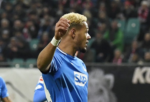 CAPTION CORRECTS WHO IS GOAL SCORER Hoffenheim&#039;s Joelinton celebrates after Andrej Kramaric scored a goal during the German first division Bundesliga soccer match between RB Leipzig and TSG 1899  ...