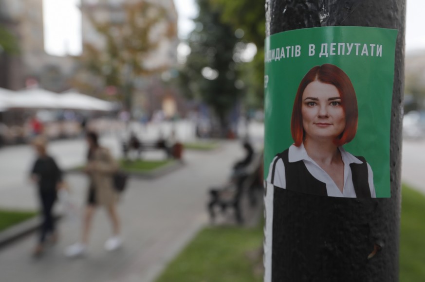 epa07722171 An election advertising of the &#039;Servant of people? political party of the President Volodymyr Zelensky in Kiev, Ukraine, 17 July 2019. Elections will be held on 21 July 2019 after Pre ...