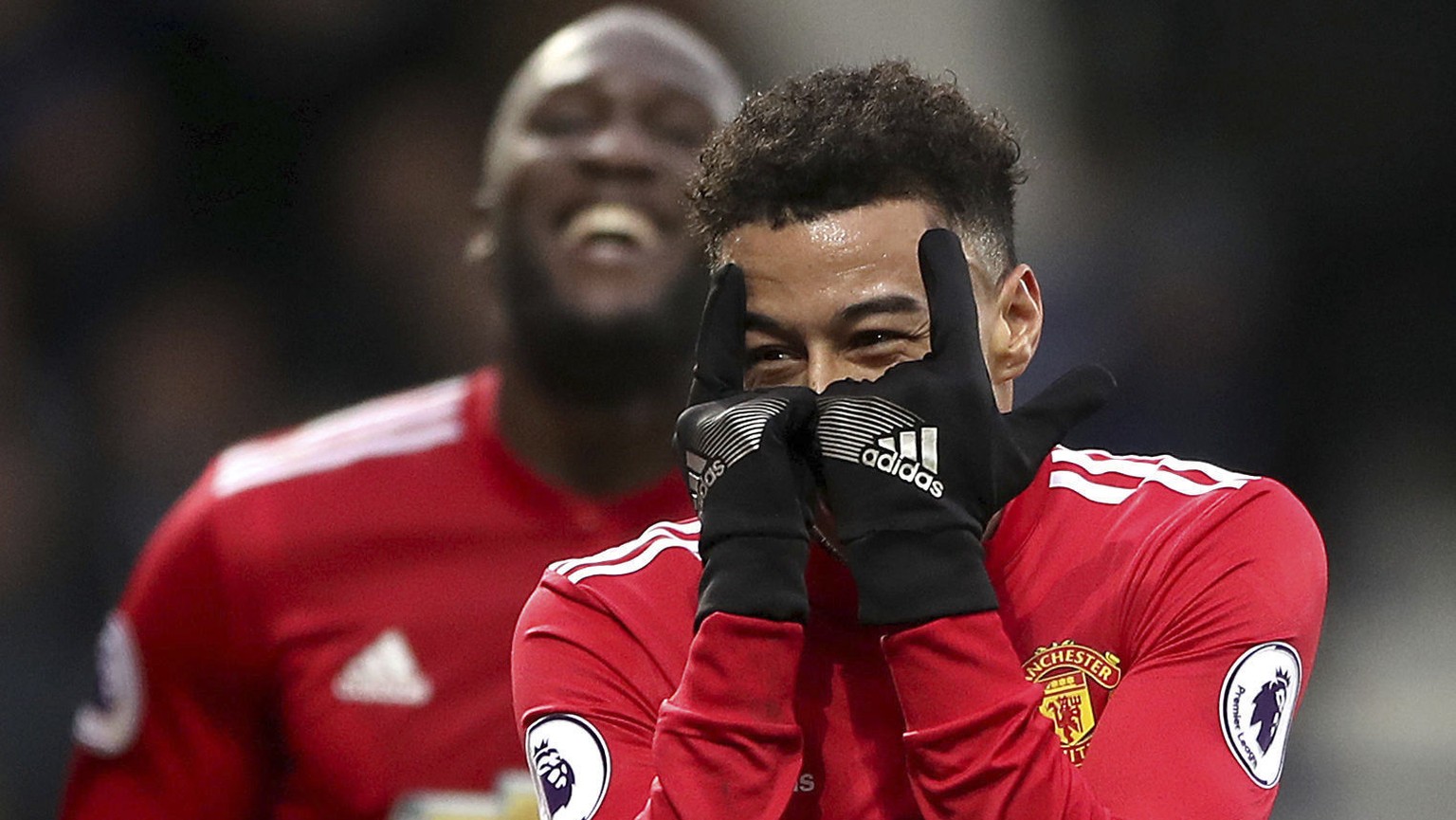 Manchester United&#039;s Jesse Lingard, right, celebrates scoring against West Bromwich Albion with teammate Romelu Lukakus during their English Premier League soccer match at The Hawthorns, West Brom ...