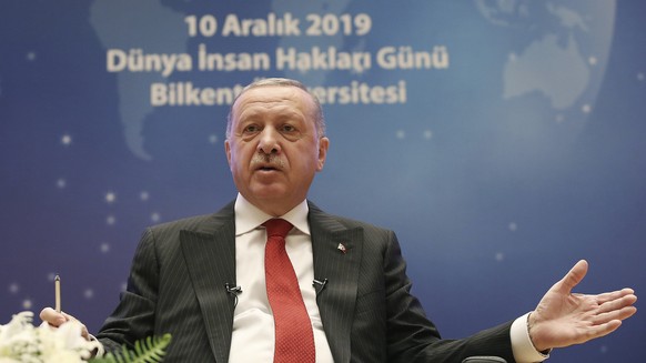 Turkey&#039;s President Recep Tayyip Erdogan speaks at a World Human Rights Day event, in Ankara, Turkey, Tuesday, Dec. 10, 2019. Erdogan has protested Nobel Prize for awarding Austrian author Peter H ...