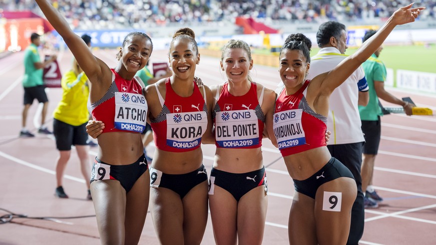 From left to right, Sarah Atcho, Salome Kora, Ajla Del Ponte, Mujinga Kambundji from Switzerland react during the women&#039;s 4x100 meters relay final at the IAAF World Athletics Championships, at th ...