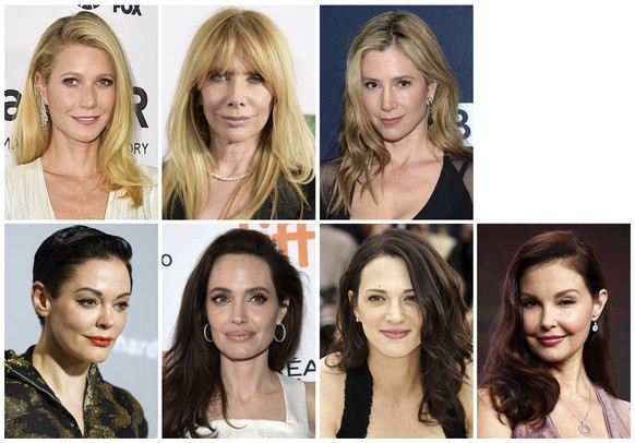 This combination photo shows actresses, top row from left, Gwyneth Paltrow, Rosanna Arquette, Mira Sorvino and bottom row from left, Rose McGowan, Angelina Jolie Pitt, Asia Argento and Ashley Judd, wh ...